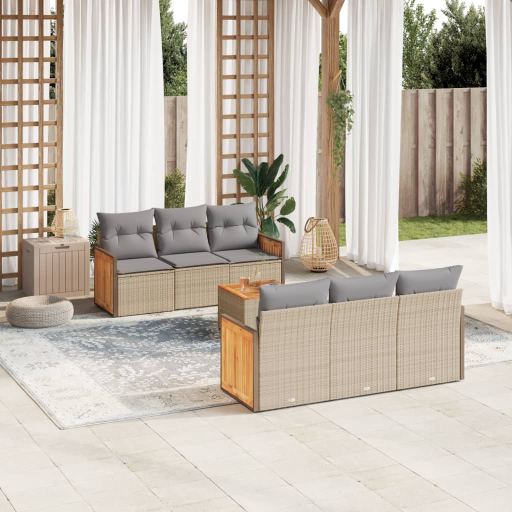 7 Pcs conjunto de sofás p/ jardim com almofadões vime PE bege