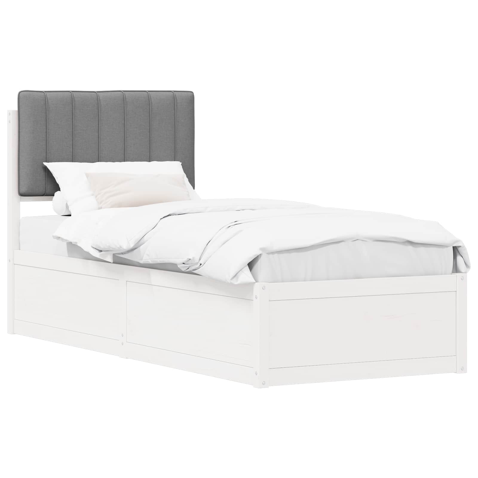 Estrutura de cama com cabeceira estofada cinzento-claro
