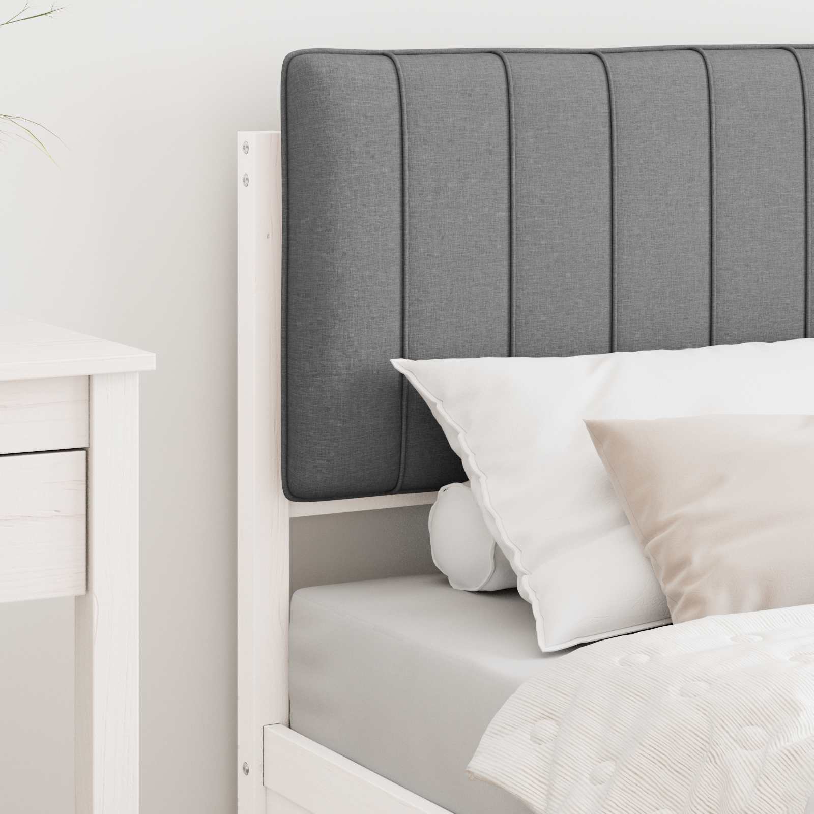 Estrutura de cama com cabeceira estofada cinzento-claro