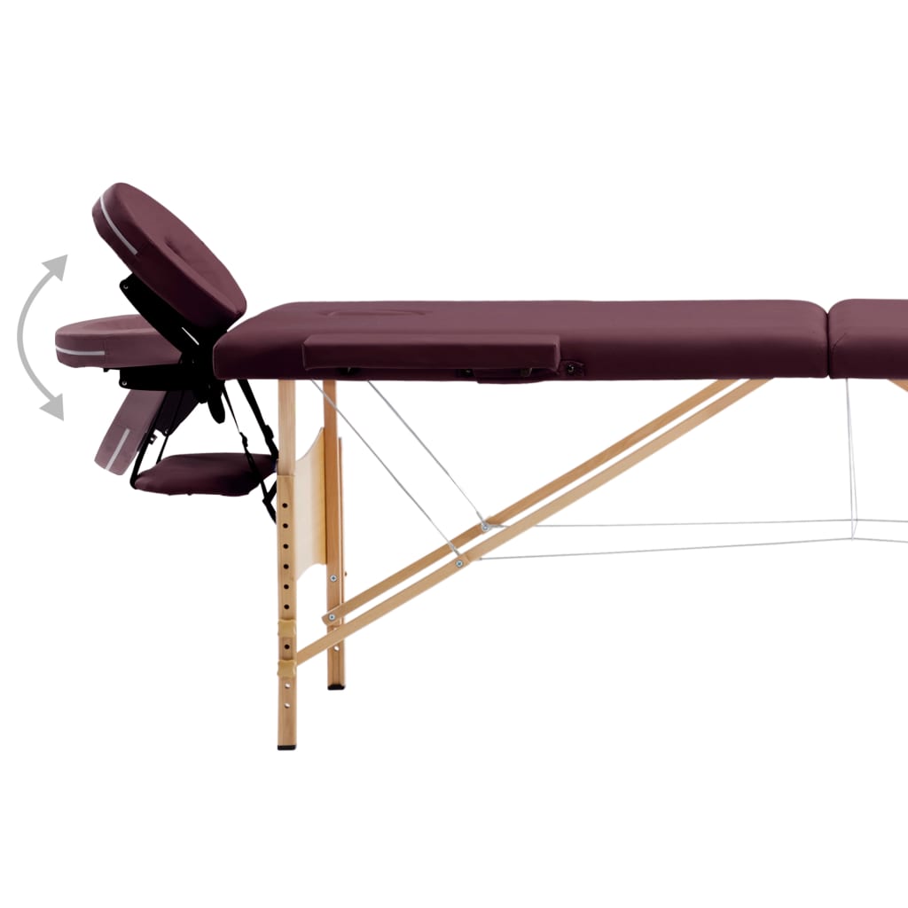 Mesa de massagens dobrável 2 zonas madeira roxo tinto