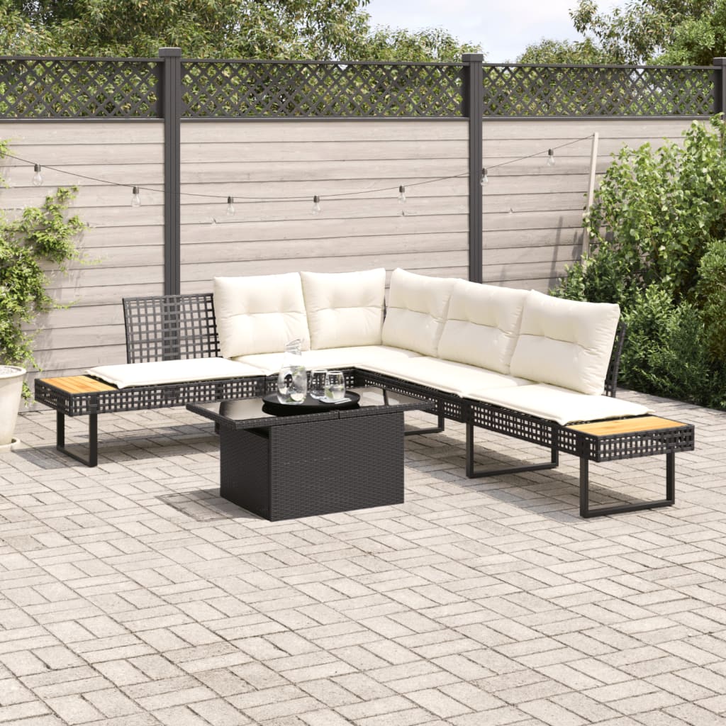 2 Pcs conj. sofás p/ jardim c/ almofadões vime PE e vidro preto