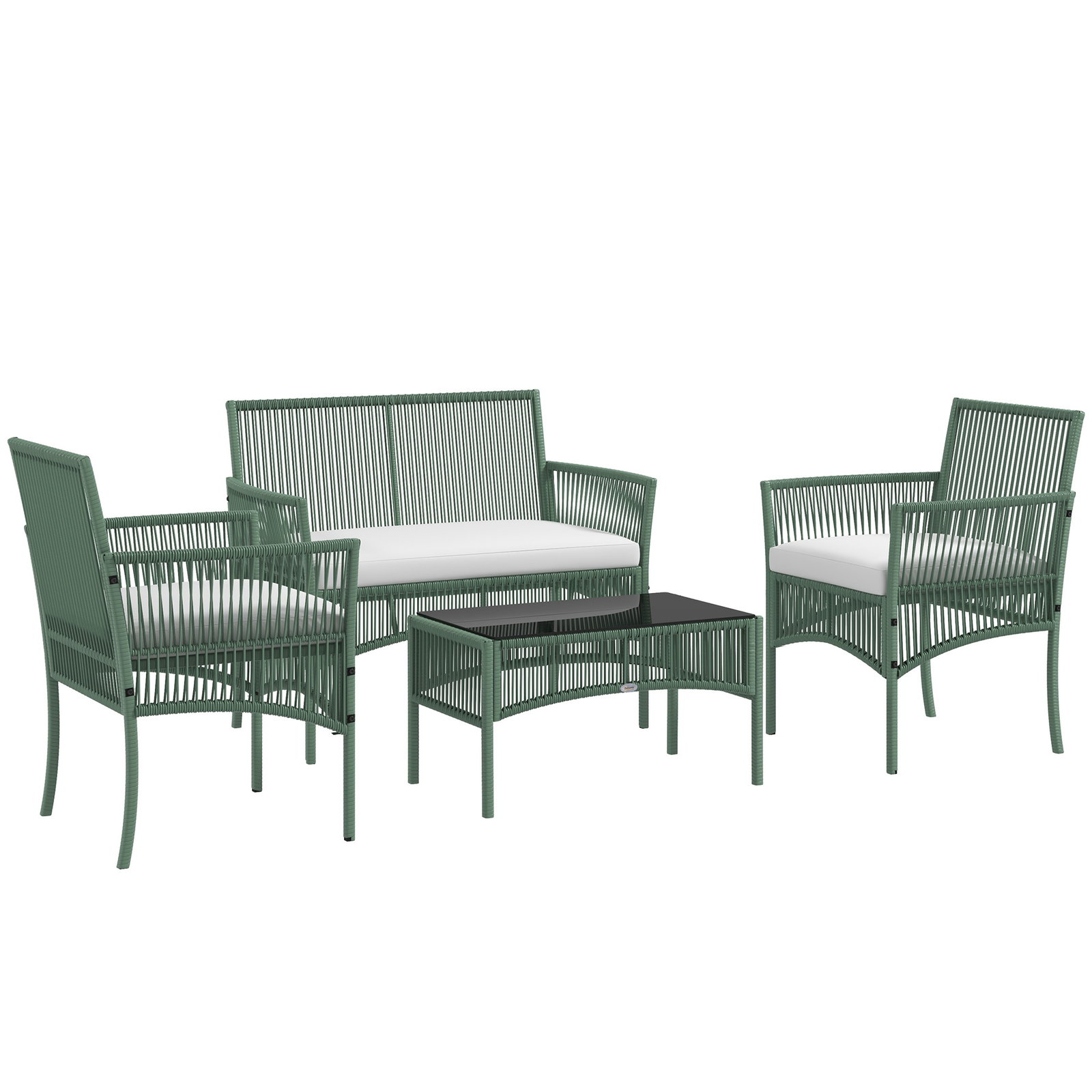 Conjunto de jardim exterior em ratan sintético com 2 poltronas 1 sofá de 2 lugares 1 mesa de centro e almofadas verde