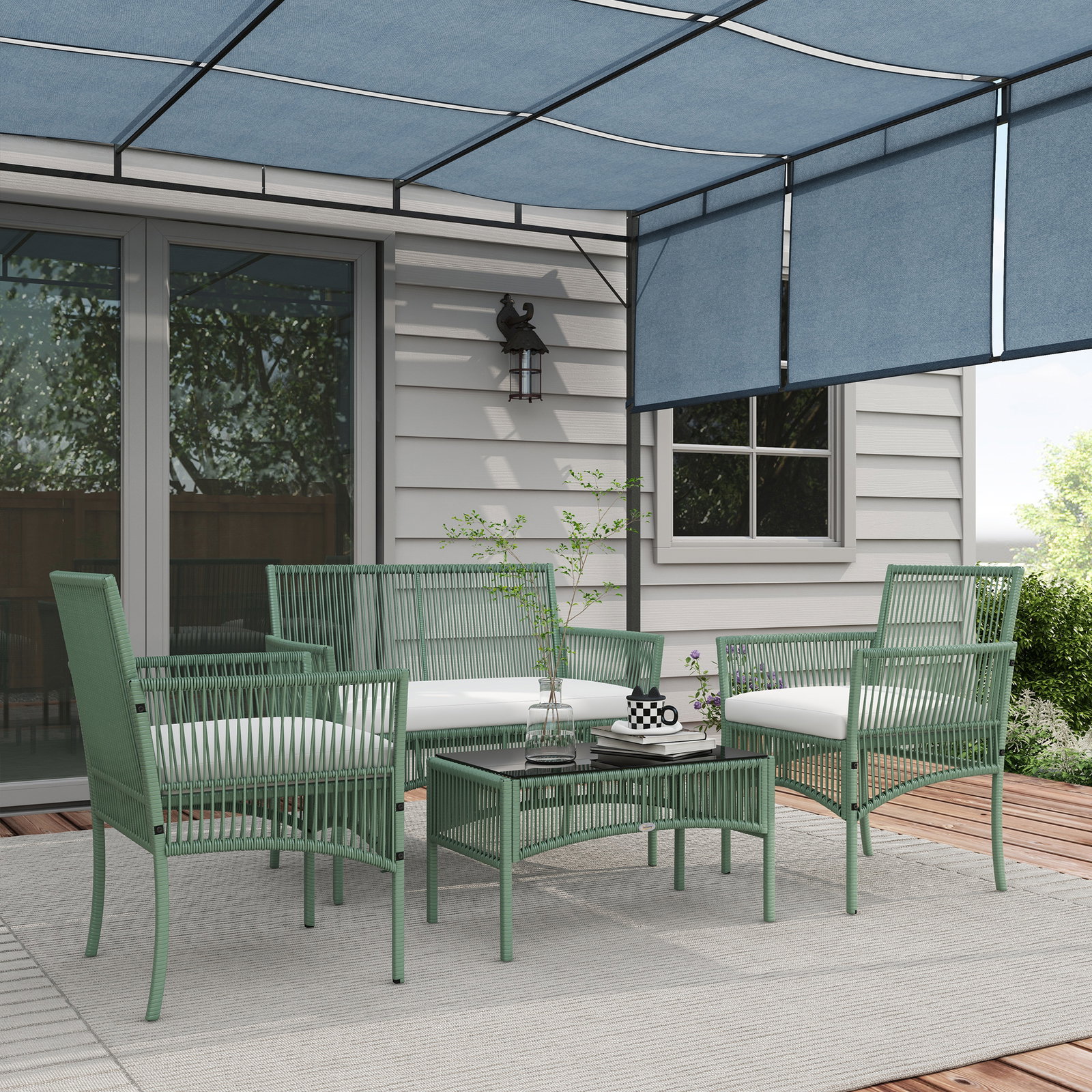 Conjunto de jardim exterior em ratan sintético com 2 poltronas 1 sofá de 2 lugares 1 mesa de centro e almofadas verde