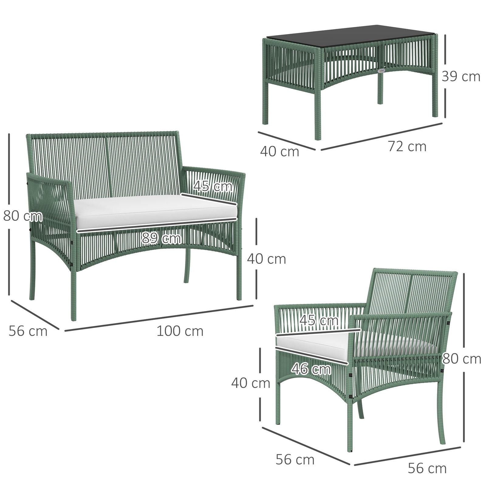 Conjunto de jardim exterior em ratan sintético com 2 poltronas 1 sofá de 2 lugares 1 mesa de centro e almofadas verde