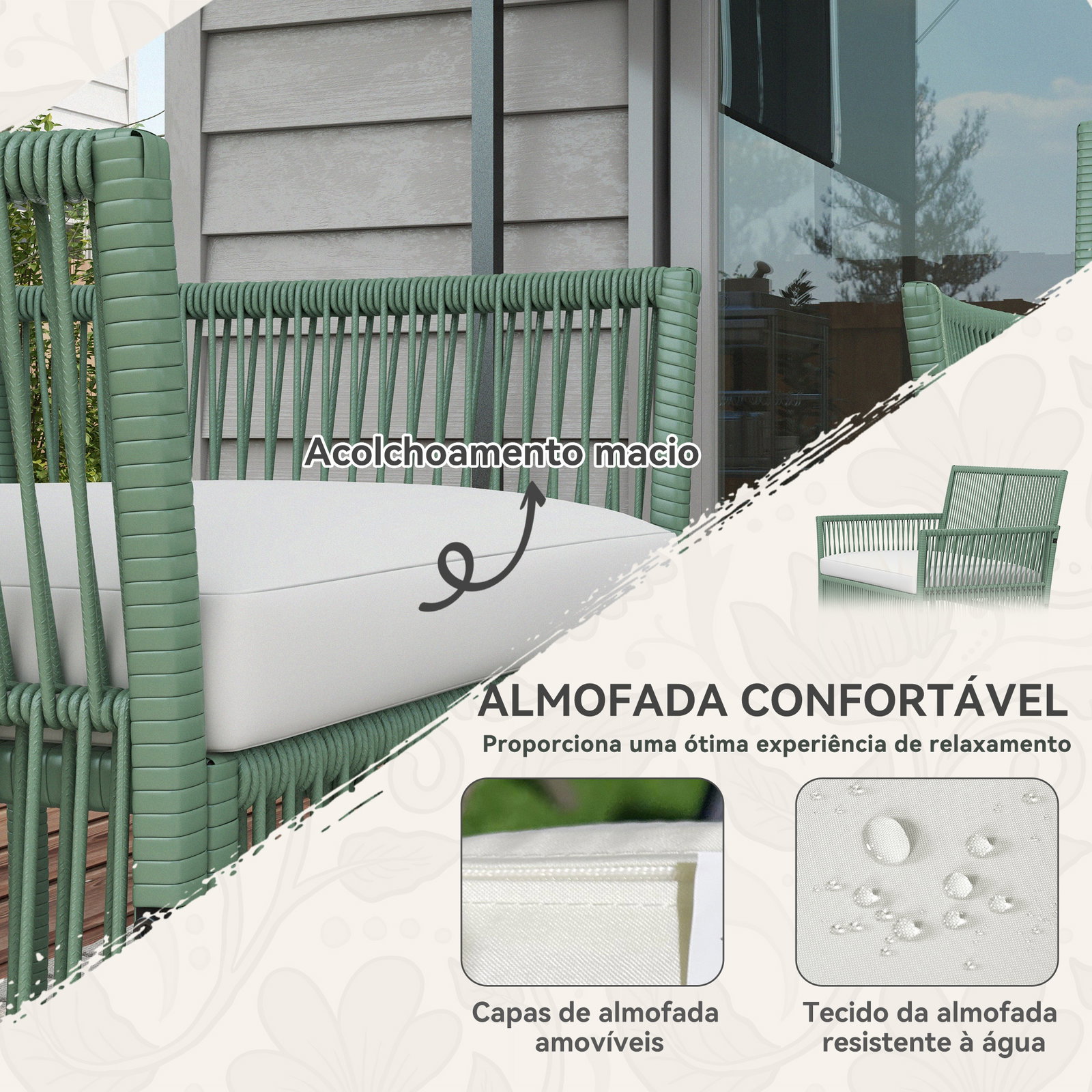 Conjunto de jardim exterior em ratan sintético com 2 poltronas 1 sofá de 2 lugares 1 mesa de centro e almofadas verde