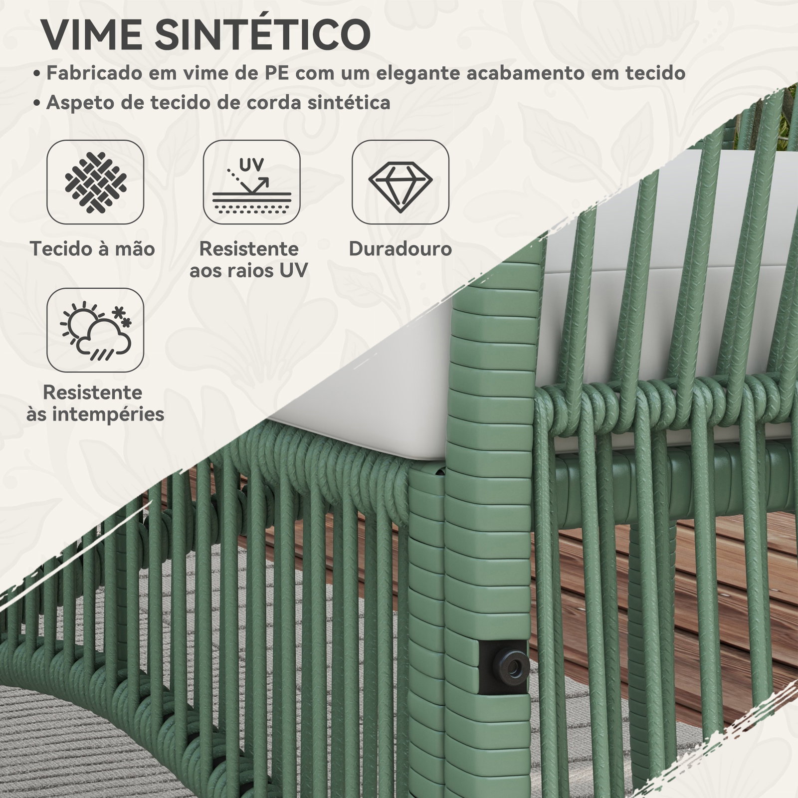 Conjunto de jardim exterior em ratan sintético com 2 poltronas 1 sofá de 2 lugares 1 mesa de centro e almofadas verde
