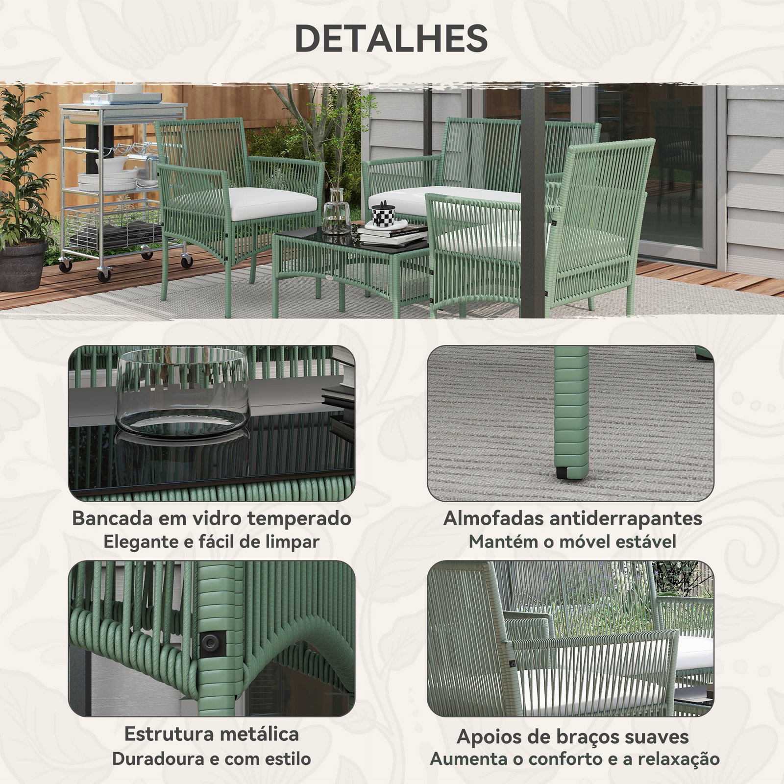 Conjunto de jardim exterior em ratan sintético com 2 poltronas 1 sofá de 2 lugares 1 mesa de centro e almofadas verde
