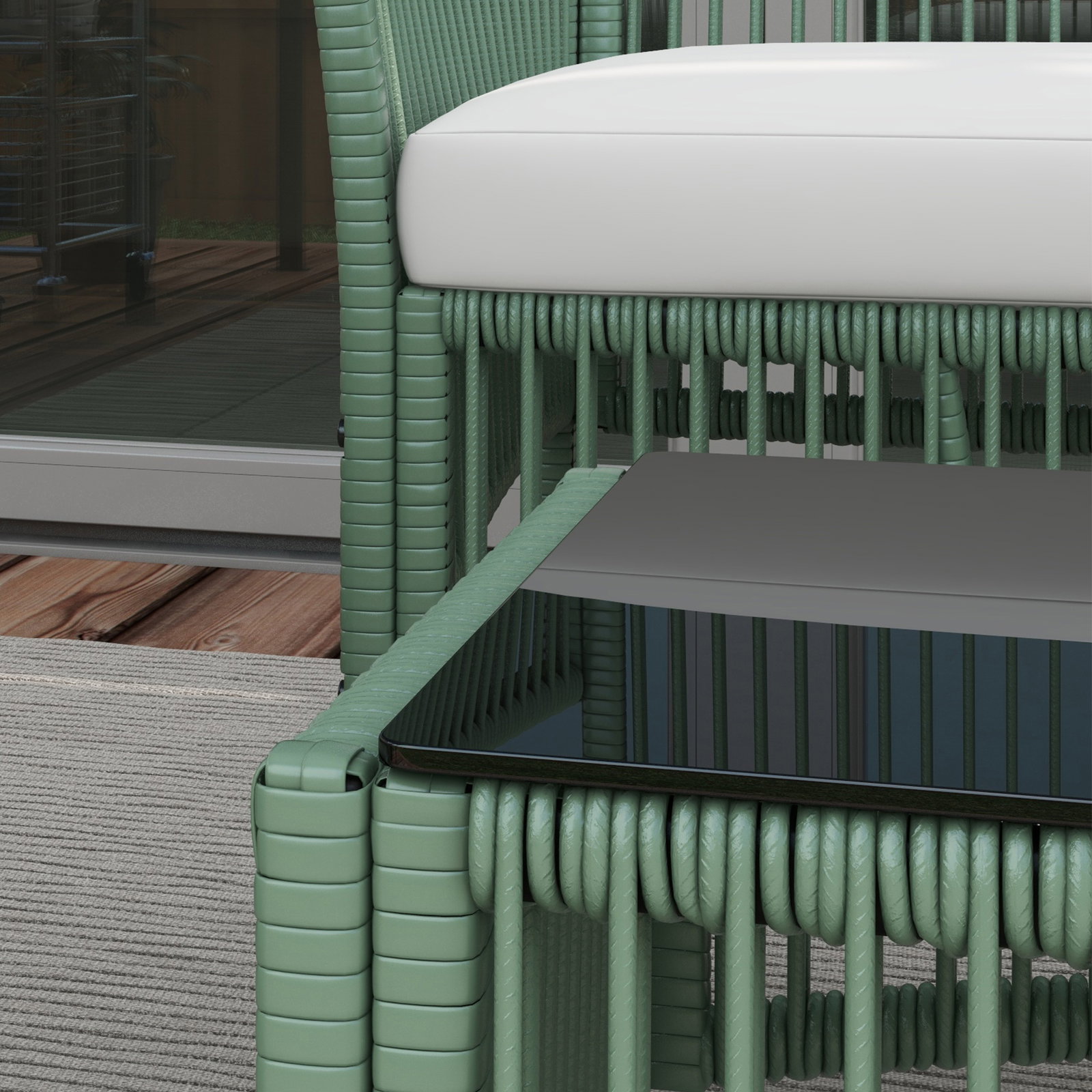 Conjunto de jardim exterior em ratan sintético com 2 poltronas 1 sofá de 2 lugares 1 mesa de centro e almofadas verde