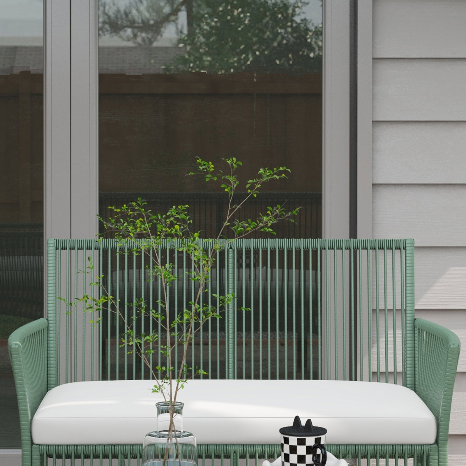 Conjunto de jardim exterior em ratan sintético com 2 poltronas 1 sofá de 2 lugares 1 mesa de centro e almofadas verde