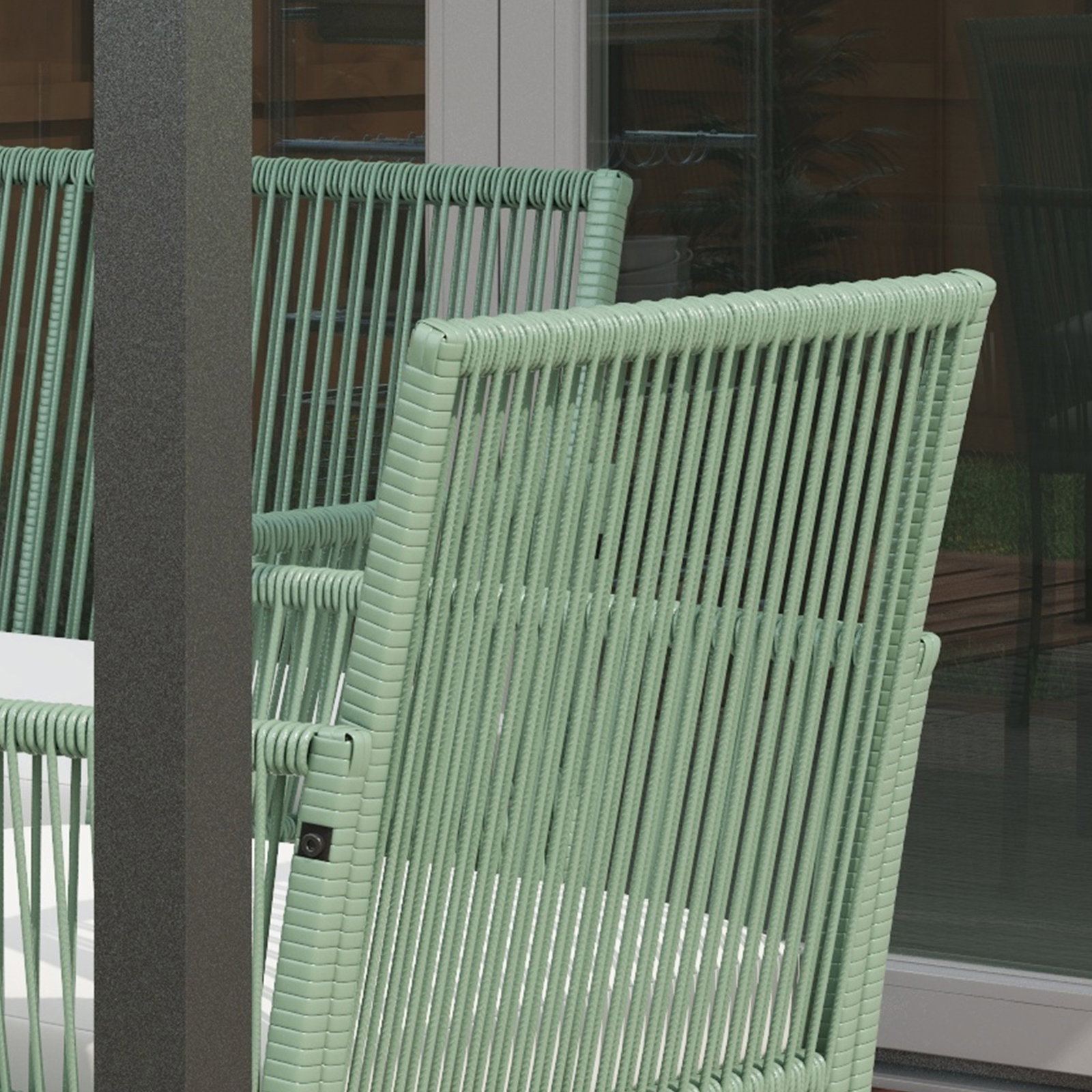 Conjunto de jardim exterior em ratan sintético com 2 poltronas 1 sofá de 2 lugares 1 mesa de centro e almofadas verde