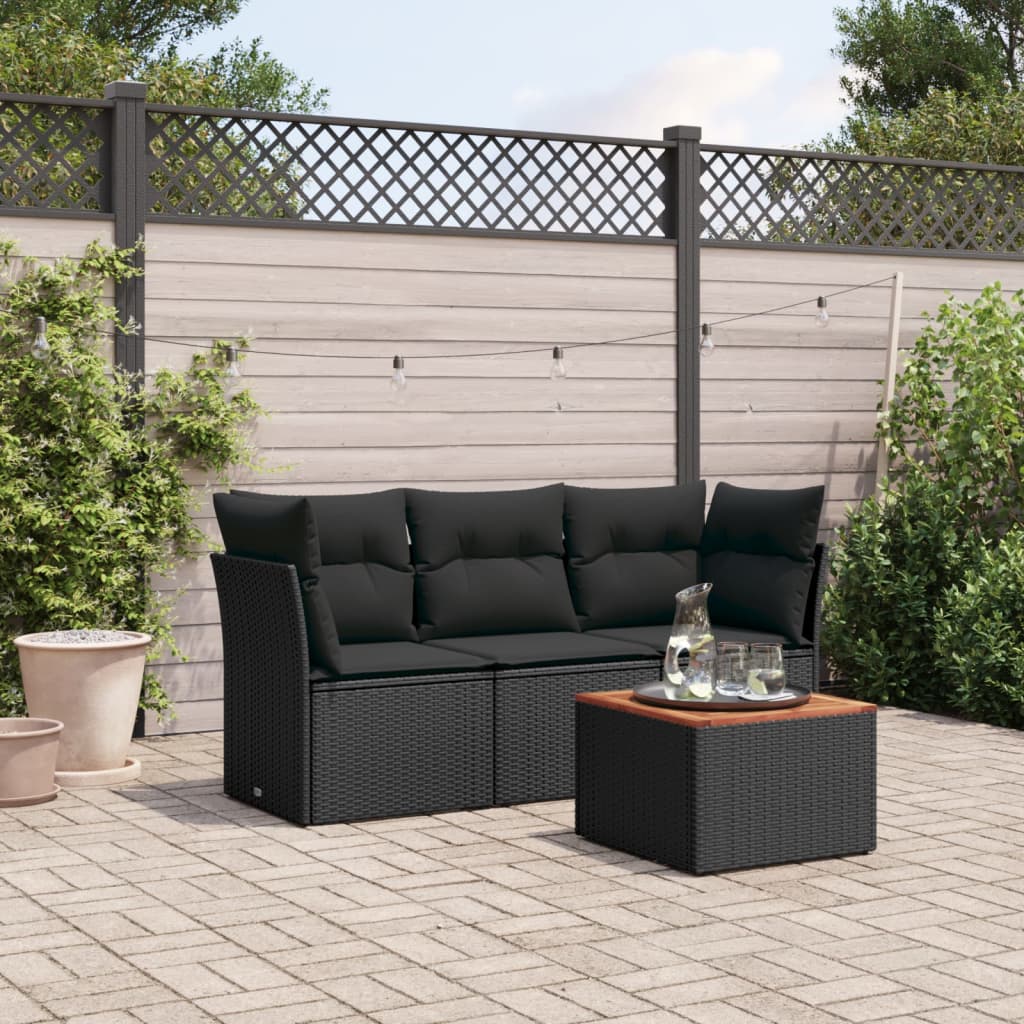 4 Pcs conjunto de sofás para jardim c/ almofadões vime PE preto