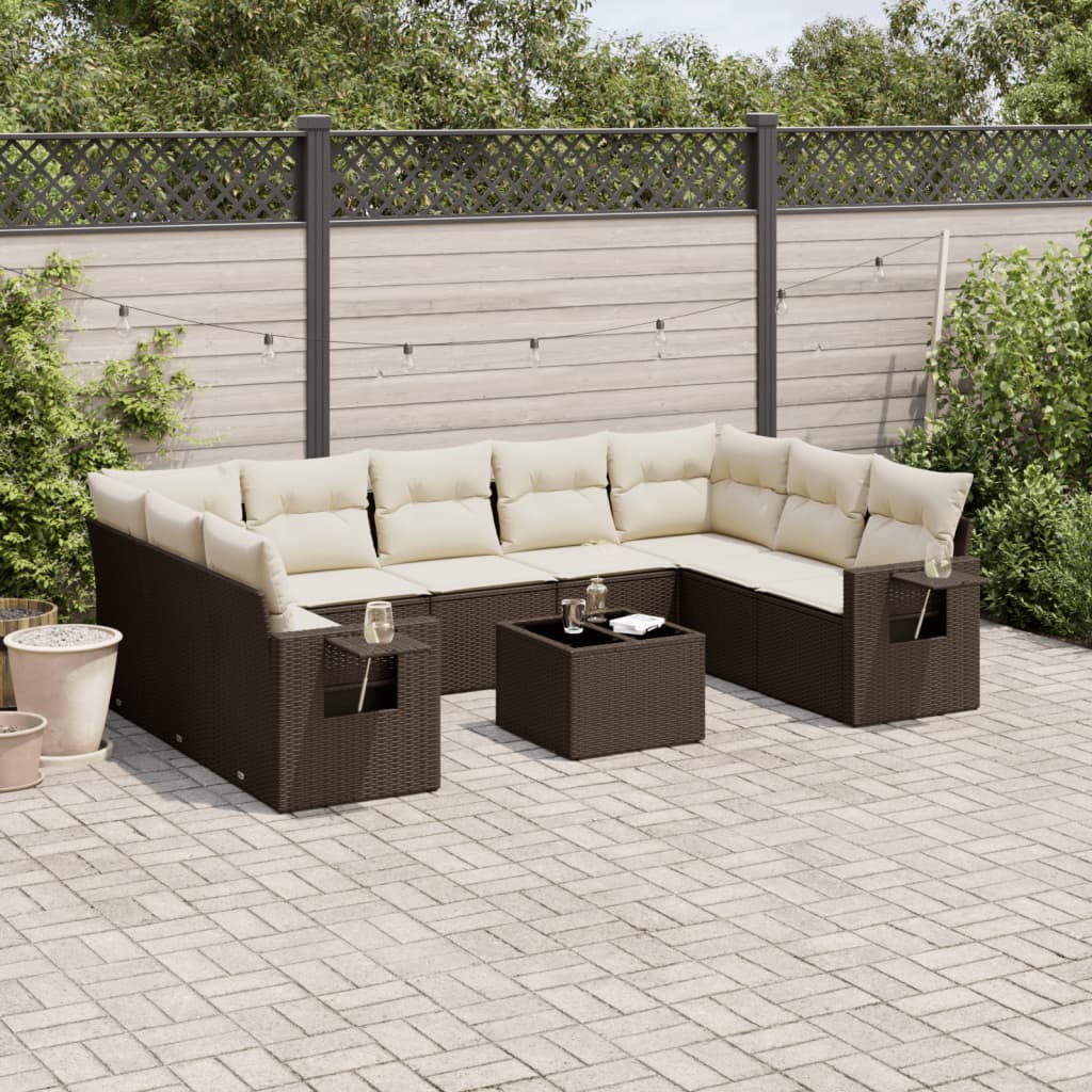 10 Pcs conj. sofás jardim com almofadões vime PE castanho