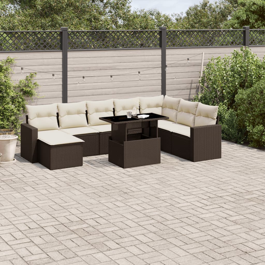 9 Pcs conjunto sofás p/ jardim c/ almofadões vime PE castanho