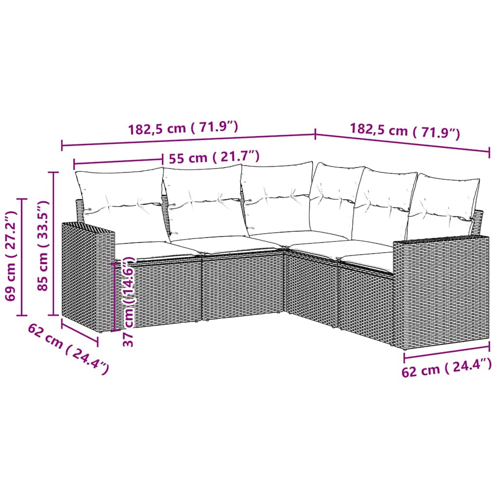 5 Pcs conj. sofás jardim c/ almofadões vime PE cinzento-claro
