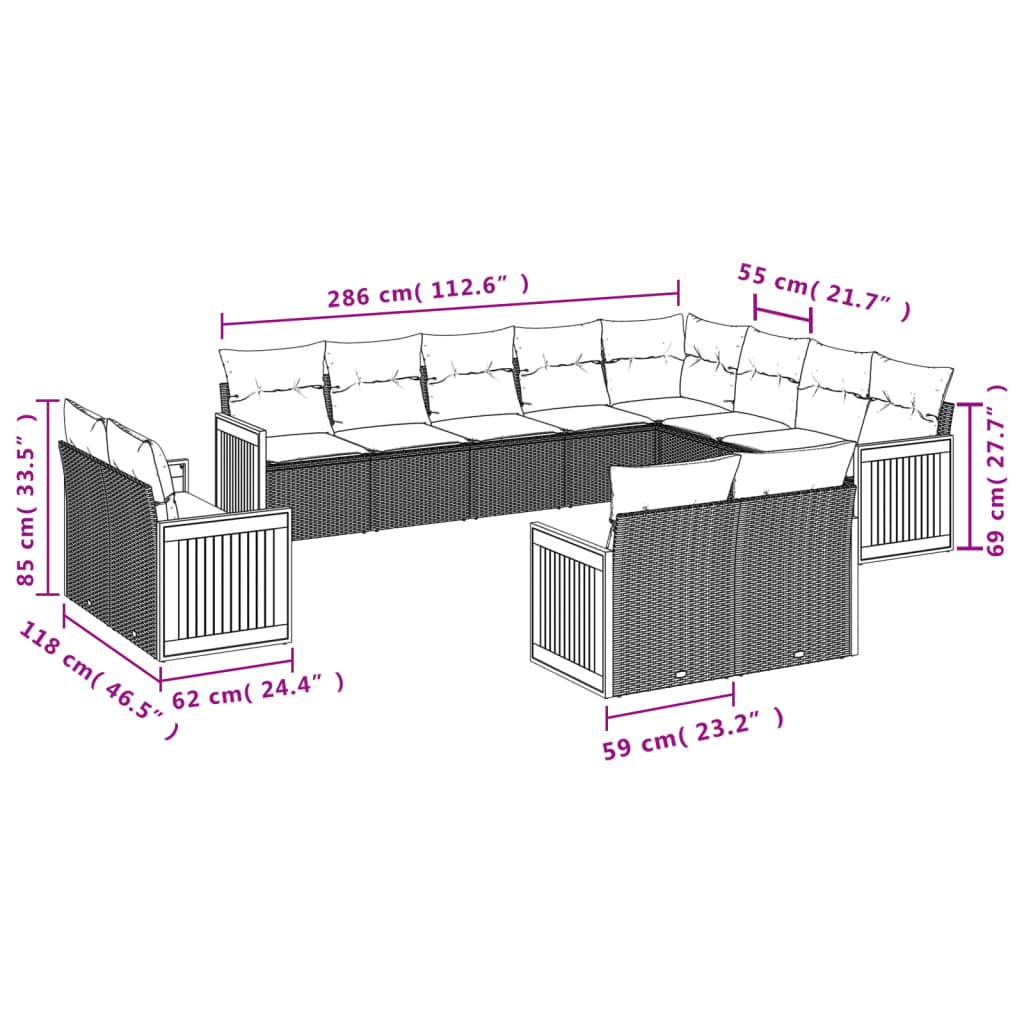 12 Pcs conjunto de sofás de jardim c/ almofadões vime PE preto