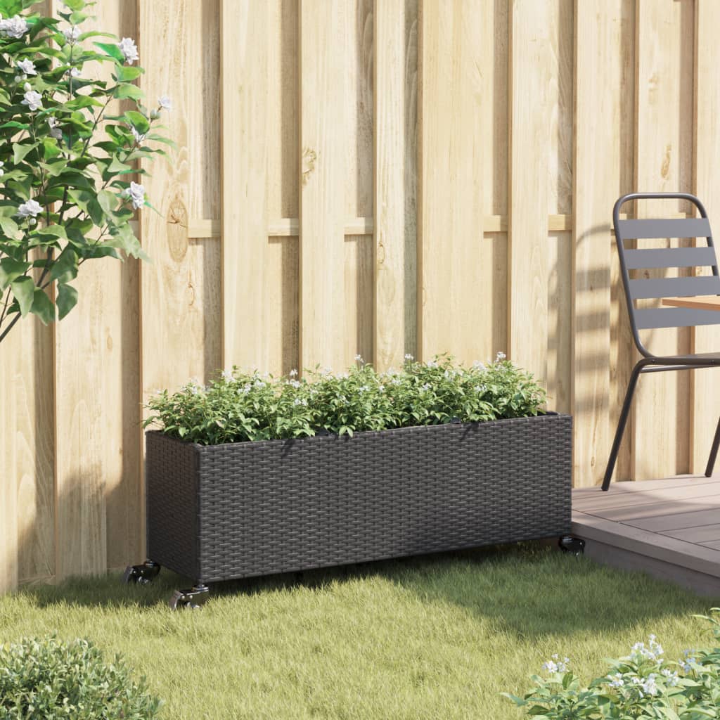 Canteiro jardim c/ rodas e 3 vasos 107x32x38cm vime PE preto