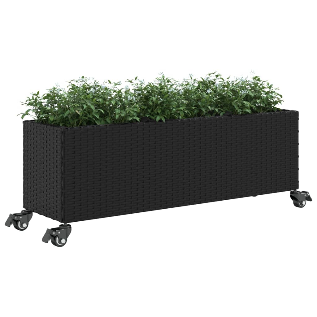 Canteiro jardim c/ rodas e 3 vasos 107x32x38cm vime PE preto