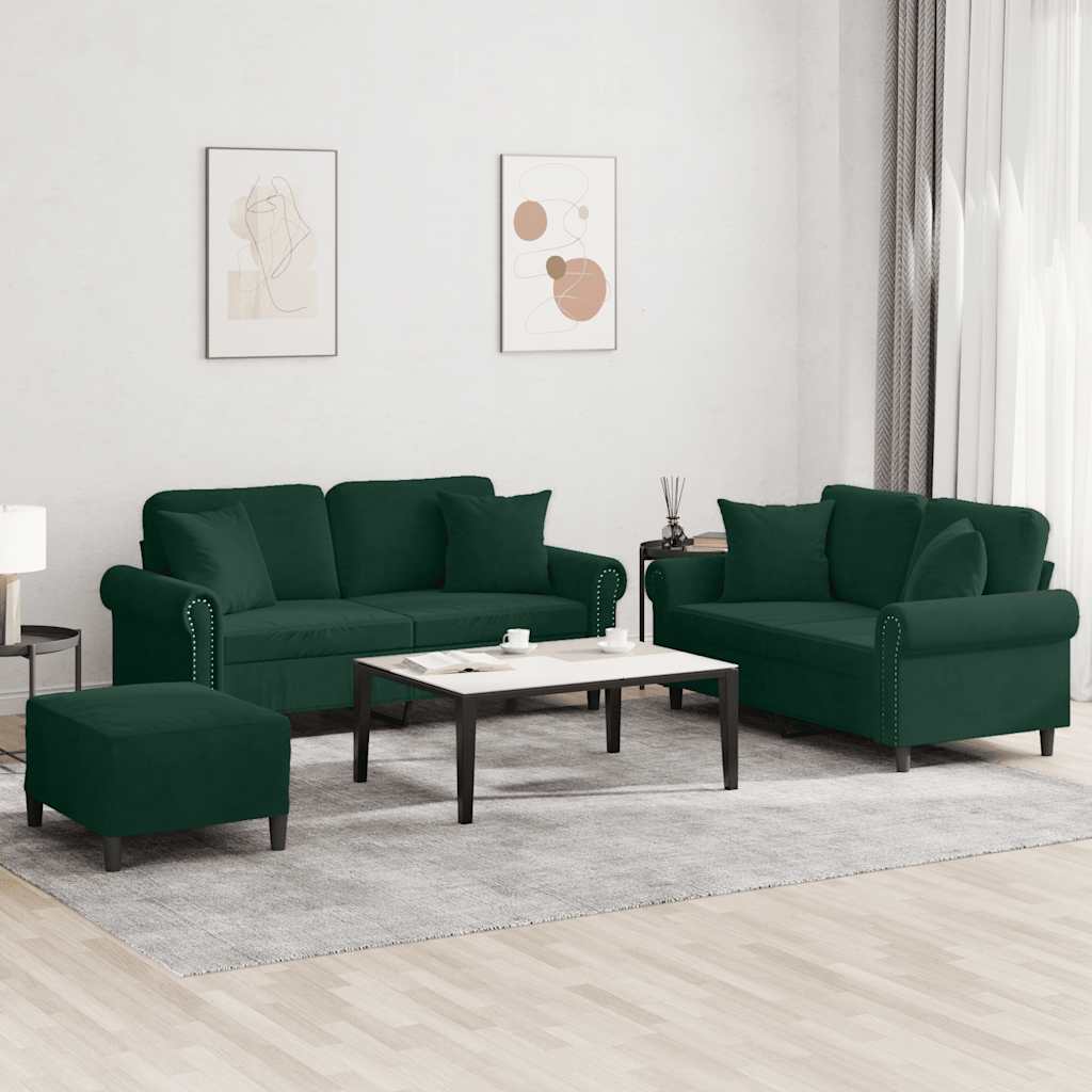 3 Pcs conjunto de sofás com almofadas veludo verde-escuro