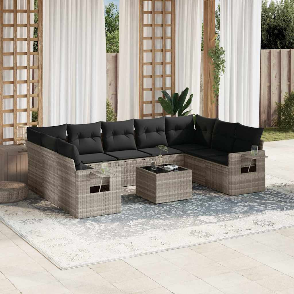 10 Pcs conj. sofás jardim com almofadões vime PE cinzento-claro