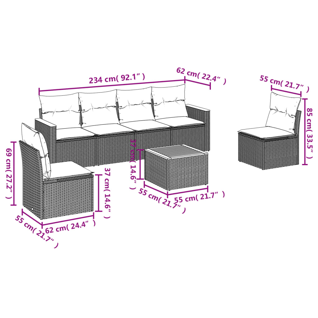 7 Pcs conjunto sofás p/ jardim c/ almofadões vime PE cinzento