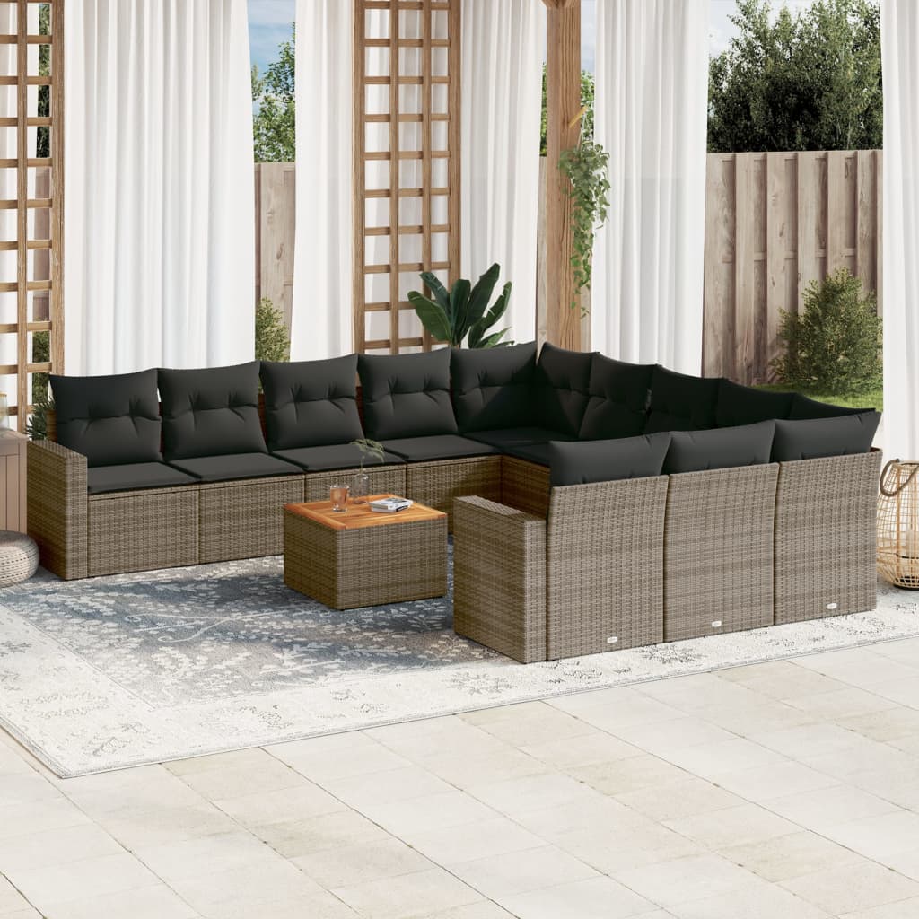 12 Pcs conjunto de sofás jardim c/ almofadões vime PE cinzento