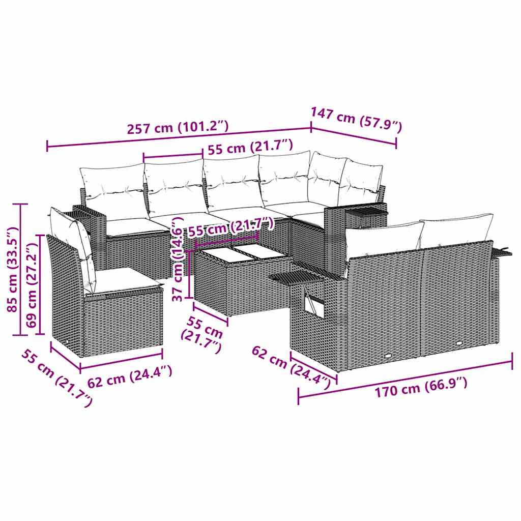 9 Pcs conjunto de sofás p/ jardim c/ almofadões vime PE preto