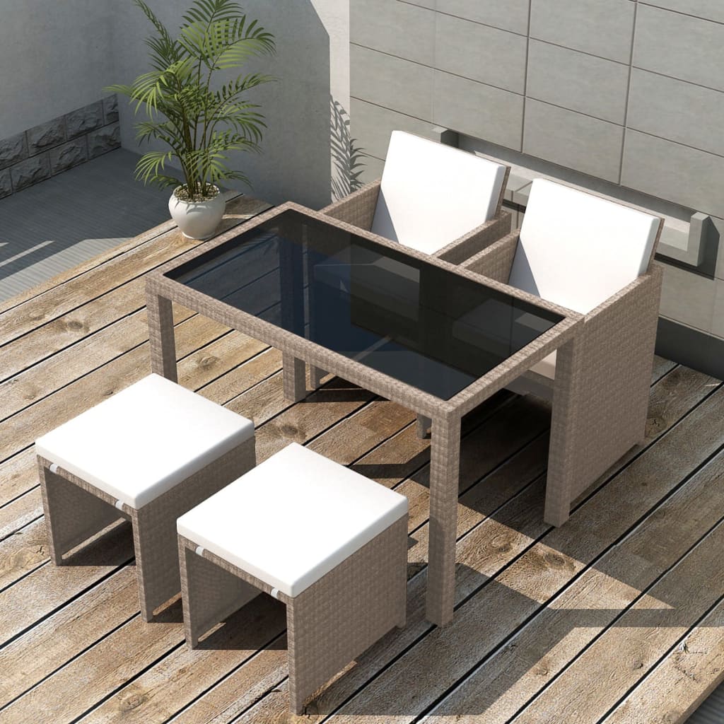 5 Pcs conjunto jantar exterior com almofadões vime PE bege