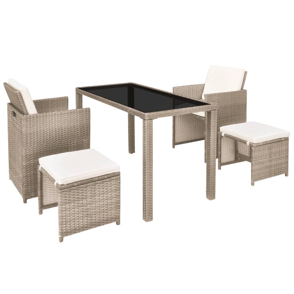 5 Pcs conjunto jantar exterior com almofadões vime PE bege