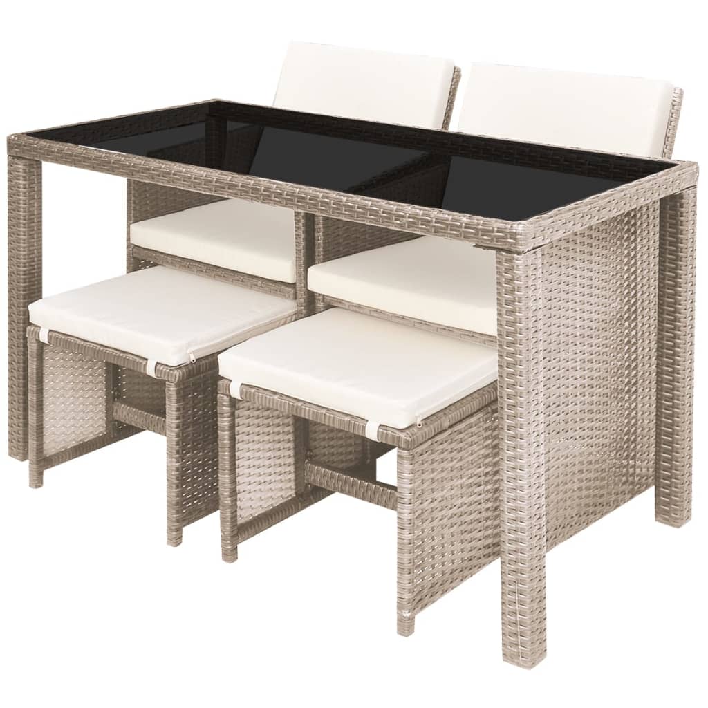 5 Pcs conjunto jantar exterior com almofadões vime PE bege