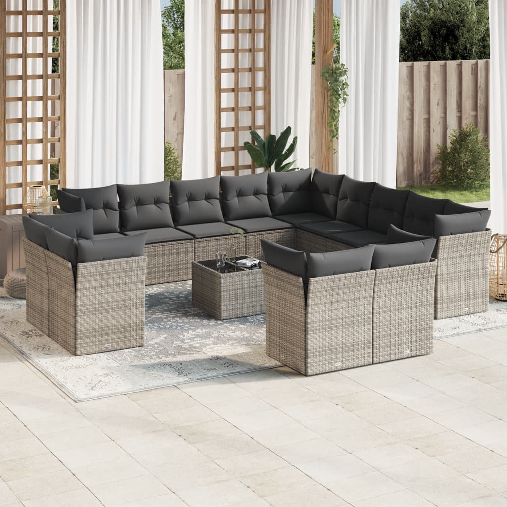 14 Pcs conjunto sofás p/ jardim c/ almofadões vime PE cinzento