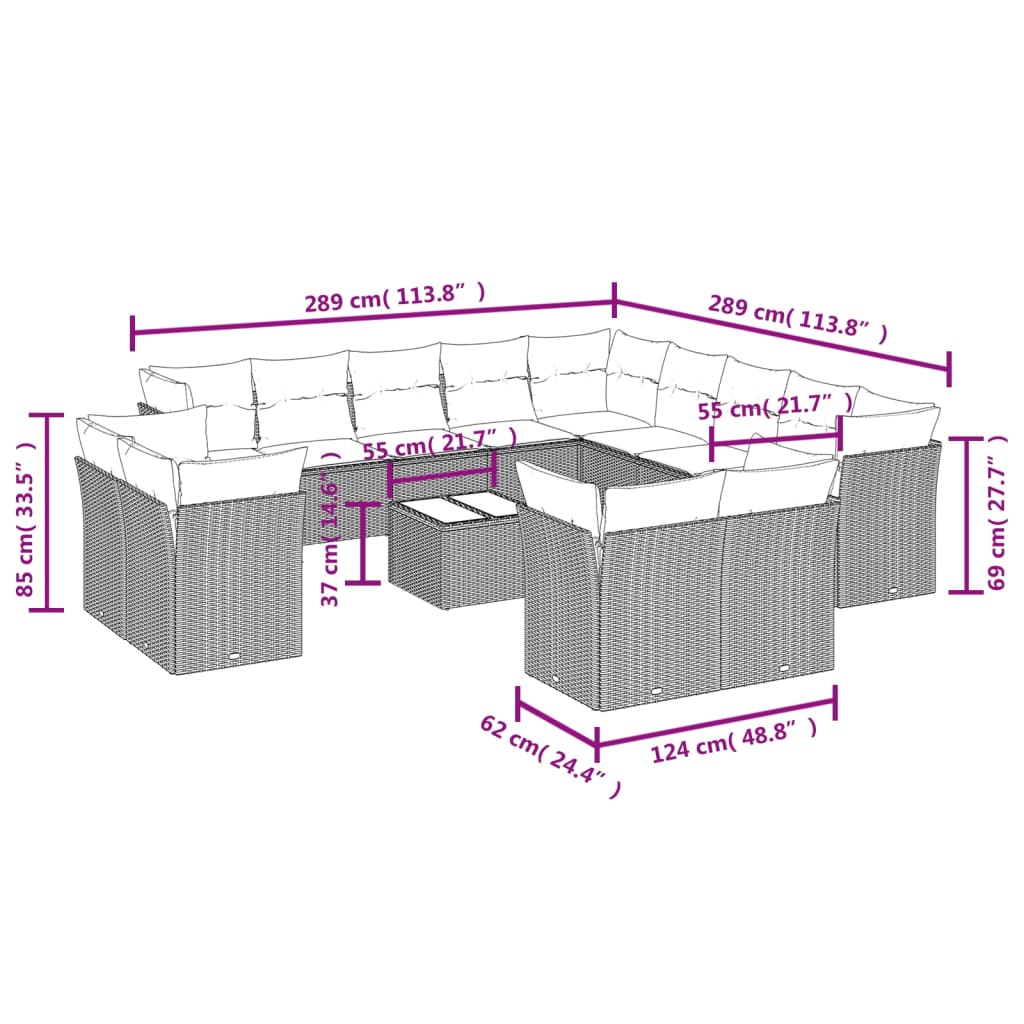 14 Pcs conjunto sofás p/ jardim c/ almofadões vime PE cinzento