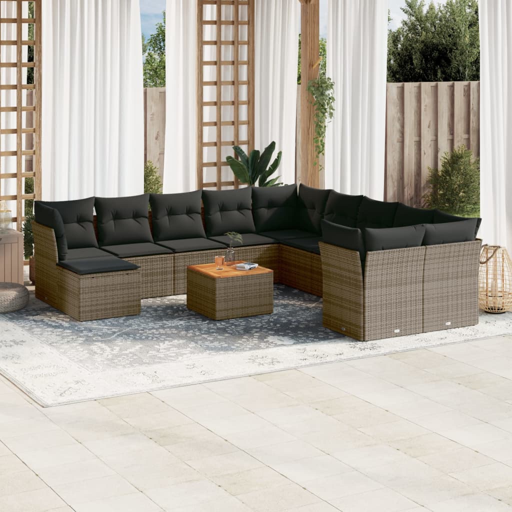 12 Pcs conjunto de sofás jardim c/ almofadões vime PE cinzento