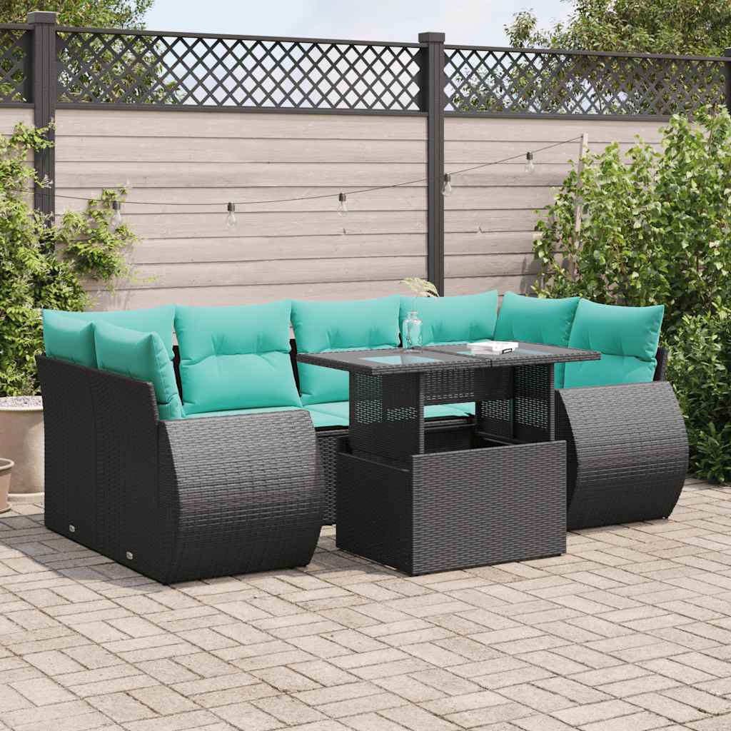 7 Pcs conjunto sofás jardim c/ almofadões vime PE/acácia preto