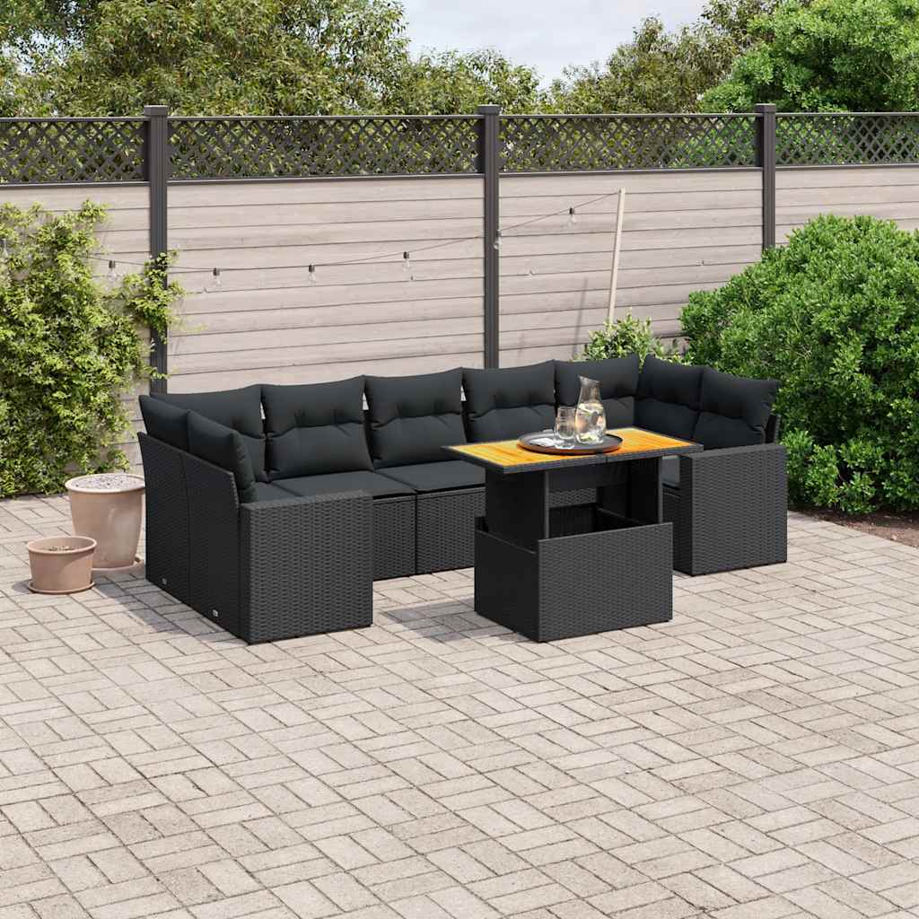 8 Pcs conjunto sofás de jardim com almofadões vime PE preto