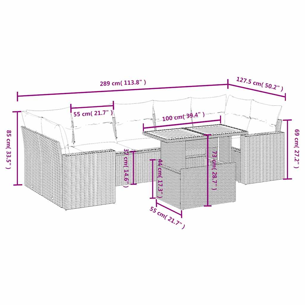 8 Pcs conjunto sofás de jardim com almofadões vime PE preto