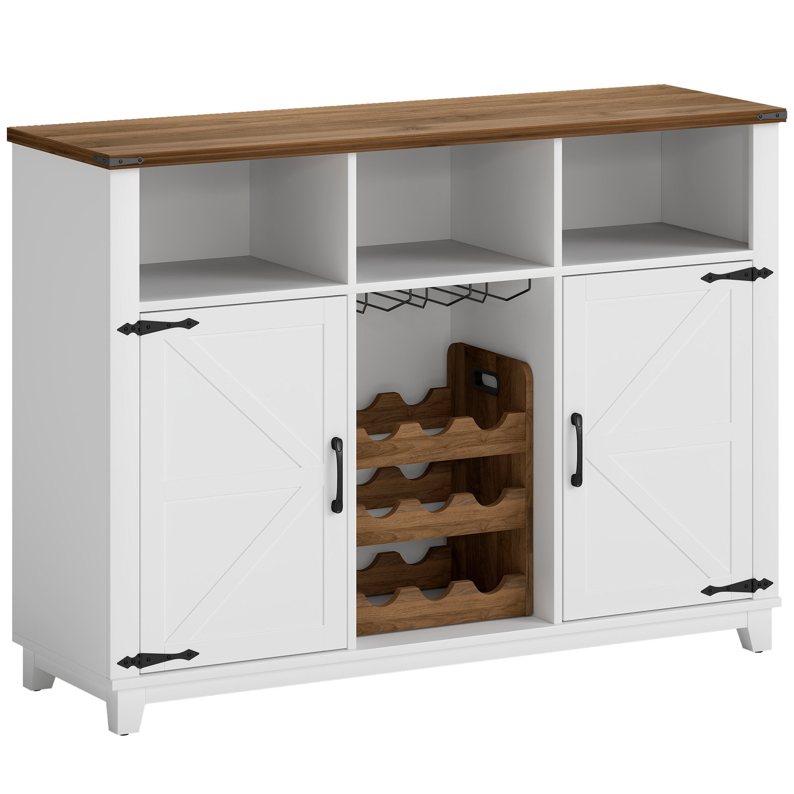 Aparador de cozinha rústico com prateleiras ajustáveis e suporte para garrafas 120x37x88 cm branco