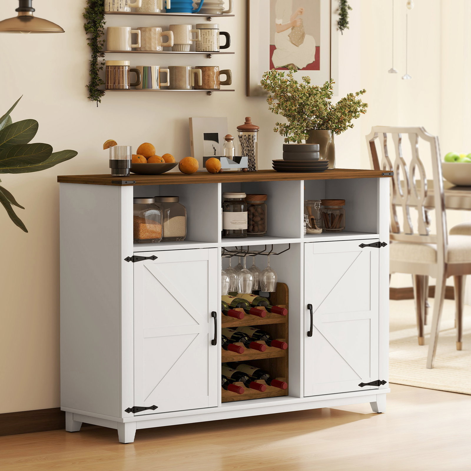 Aparador de cozinha rústico com prateleiras ajustáveis e suporte para garrafas 120x37x88 cm branco