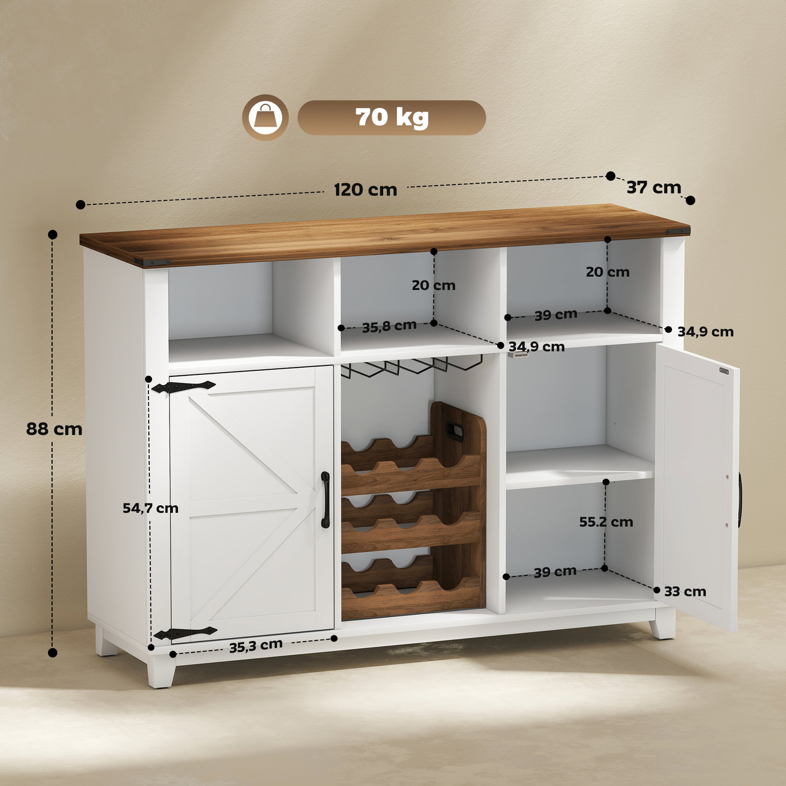 Aparador de cozinha rústico com prateleiras ajustáveis e suporte para garrafas 120x37x88 cm branco