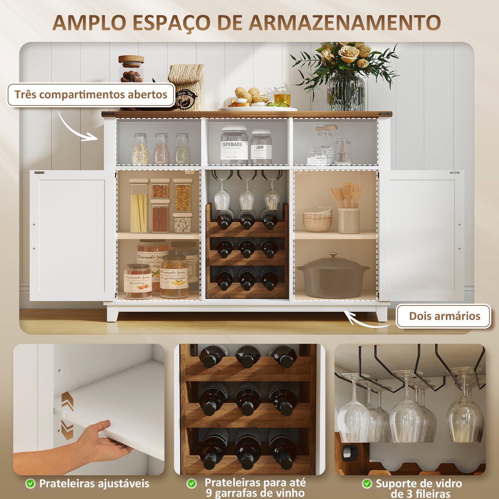 Aparador de cozinha rústico com prateleiras ajustáveis e suporte para garrafas 120x37x88 cm branco