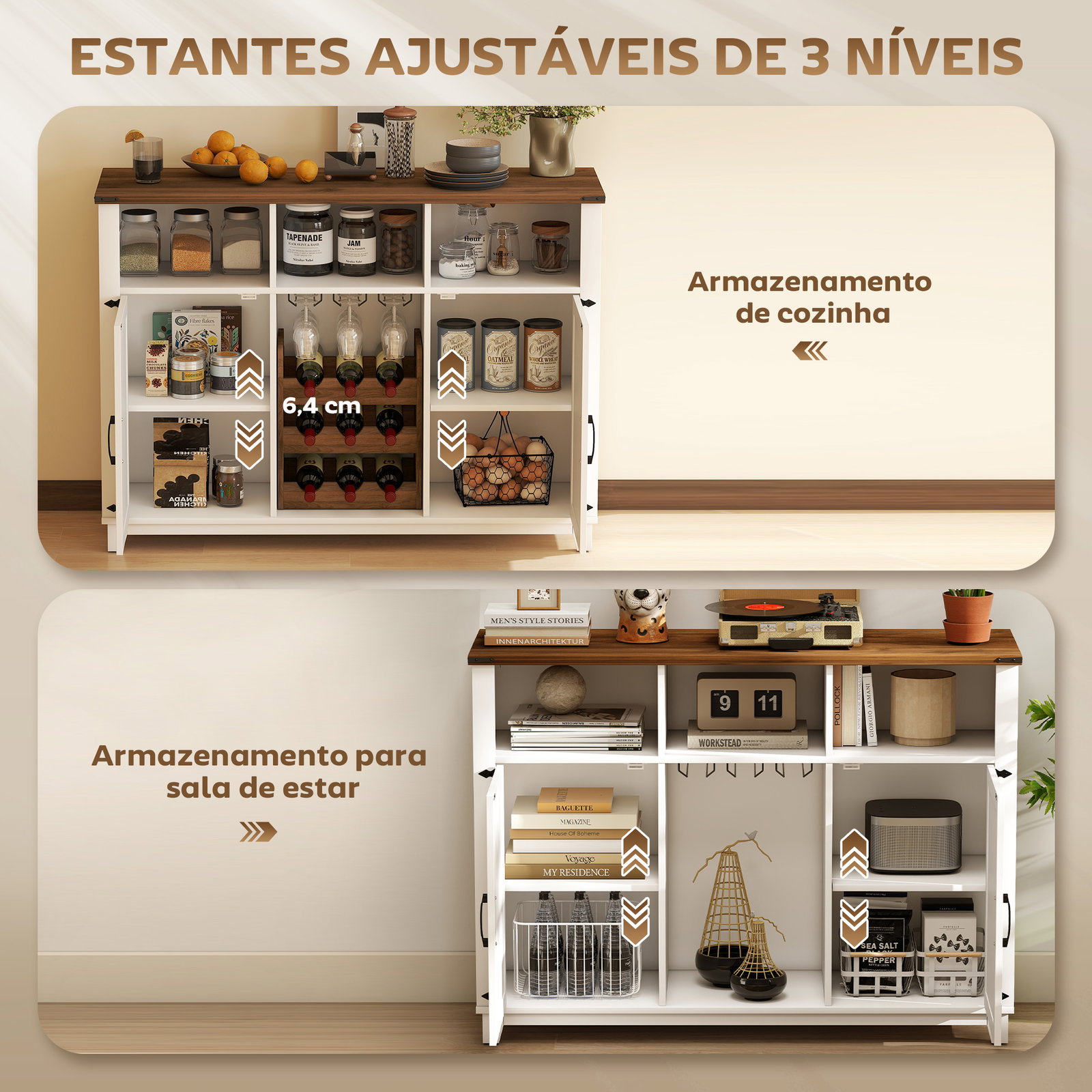 Aparador de cozinha rústico com prateleiras ajustáveis e suporte para garrafas 120x37x88 cm branco