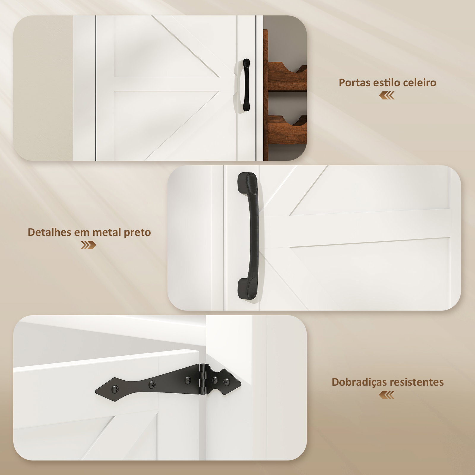 Aparador de cozinha rústico com prateleiras ajustáveis e suporte para garrafas 120x37x88 cm branco