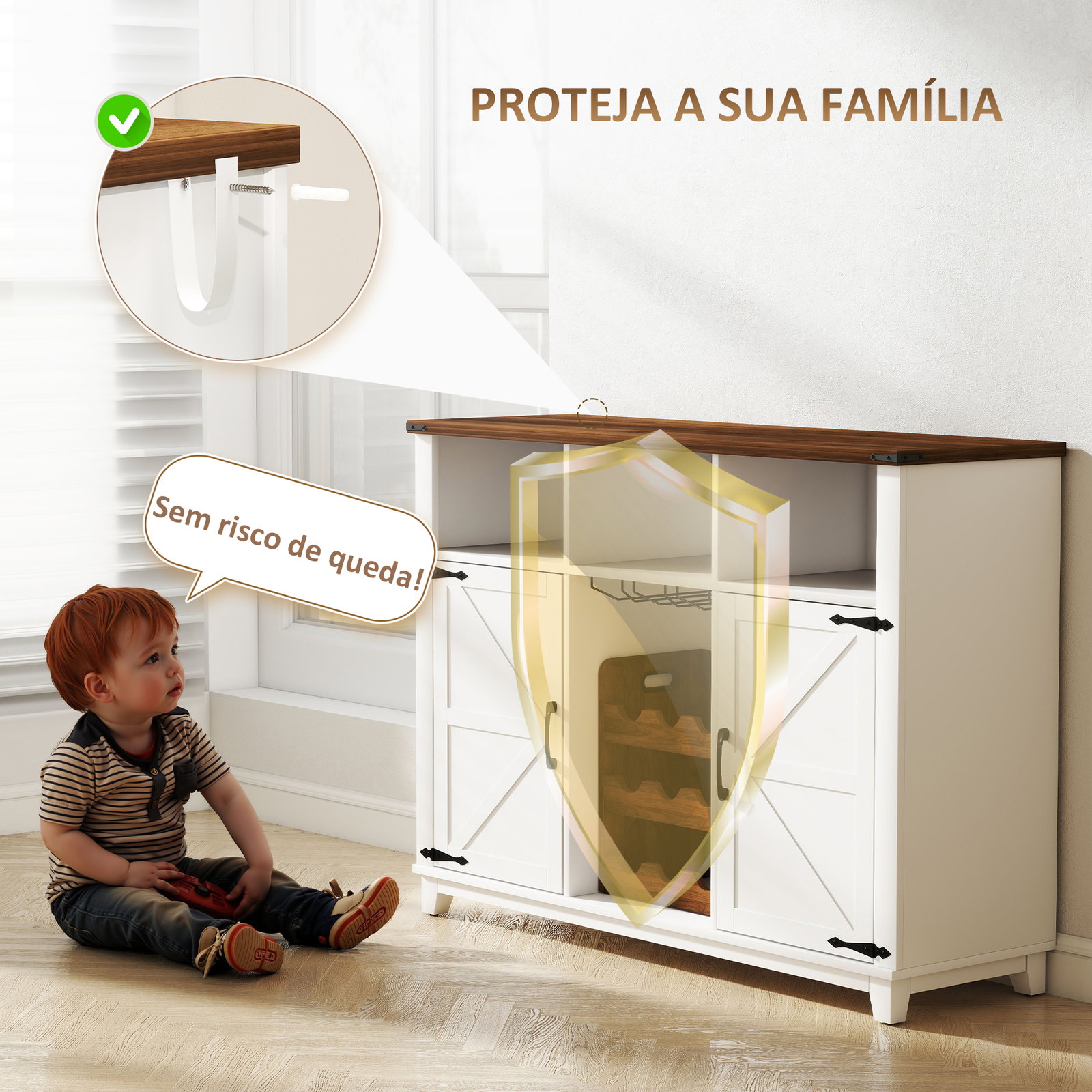 Aparador de cozinha rústico com prateleiras ajustáveis e suporte para garrafas 120x37x88 cm branco