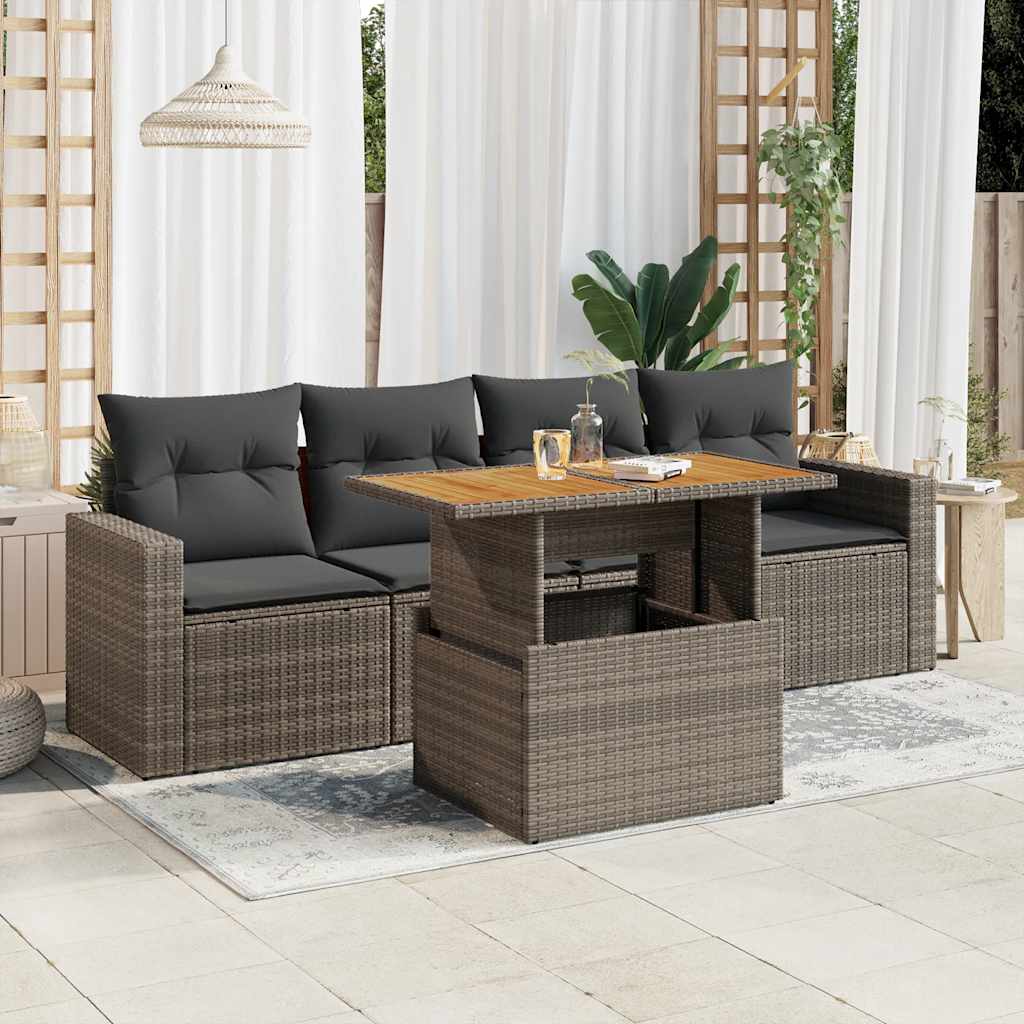 5 Pcs conjunto sofás de jardim c/ almofadões vime PE cinzento