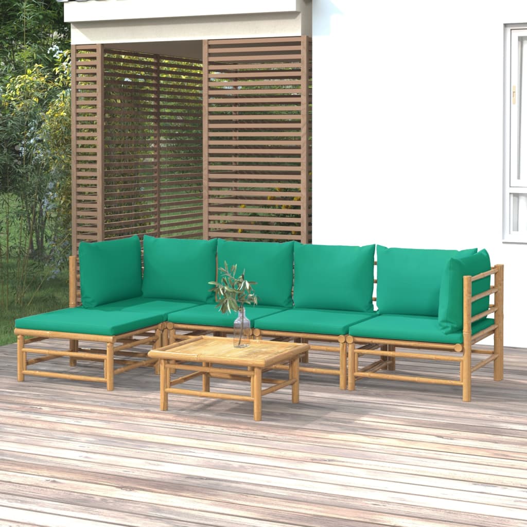 6 Pcs conjunto lounge de jardim bambu c/ almofadões verdes