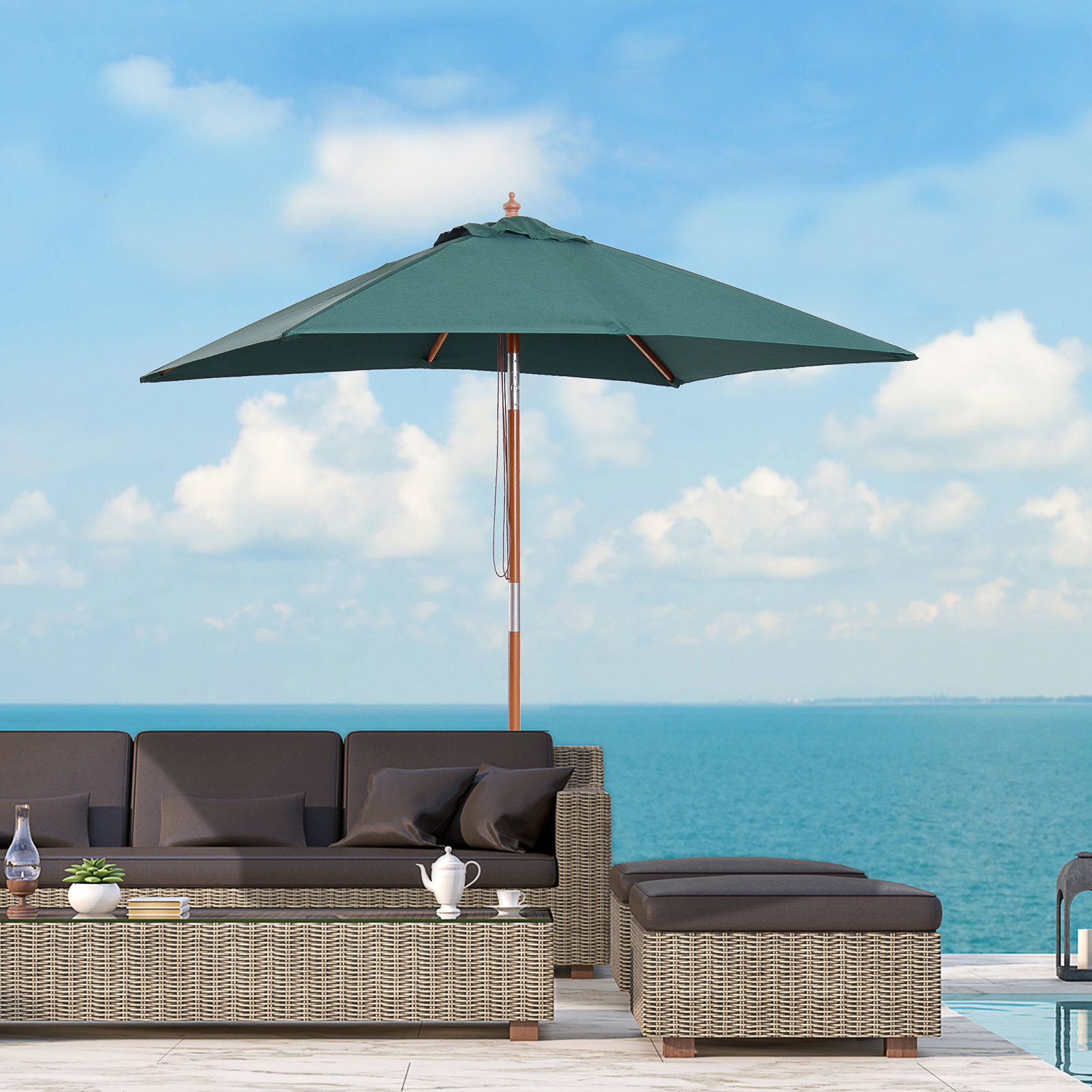 Chapéu de sol de jardim 200x150x230cm chapéu de sol retangular inclinável com polia duplo teto e mastro desmontável de madeira para terraço pátio verde