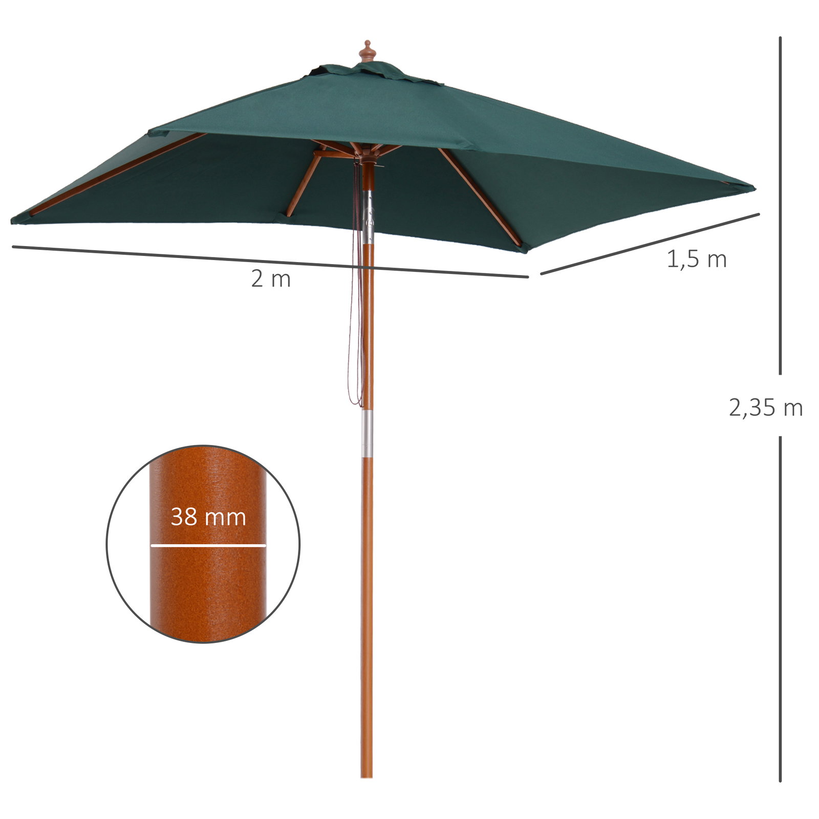Chapéu de sol de jardim 200x150x230cm chapéu de sol retangular inclinável com polia duplo teto e mastro desmontável de madeira para terraço pátio verde
