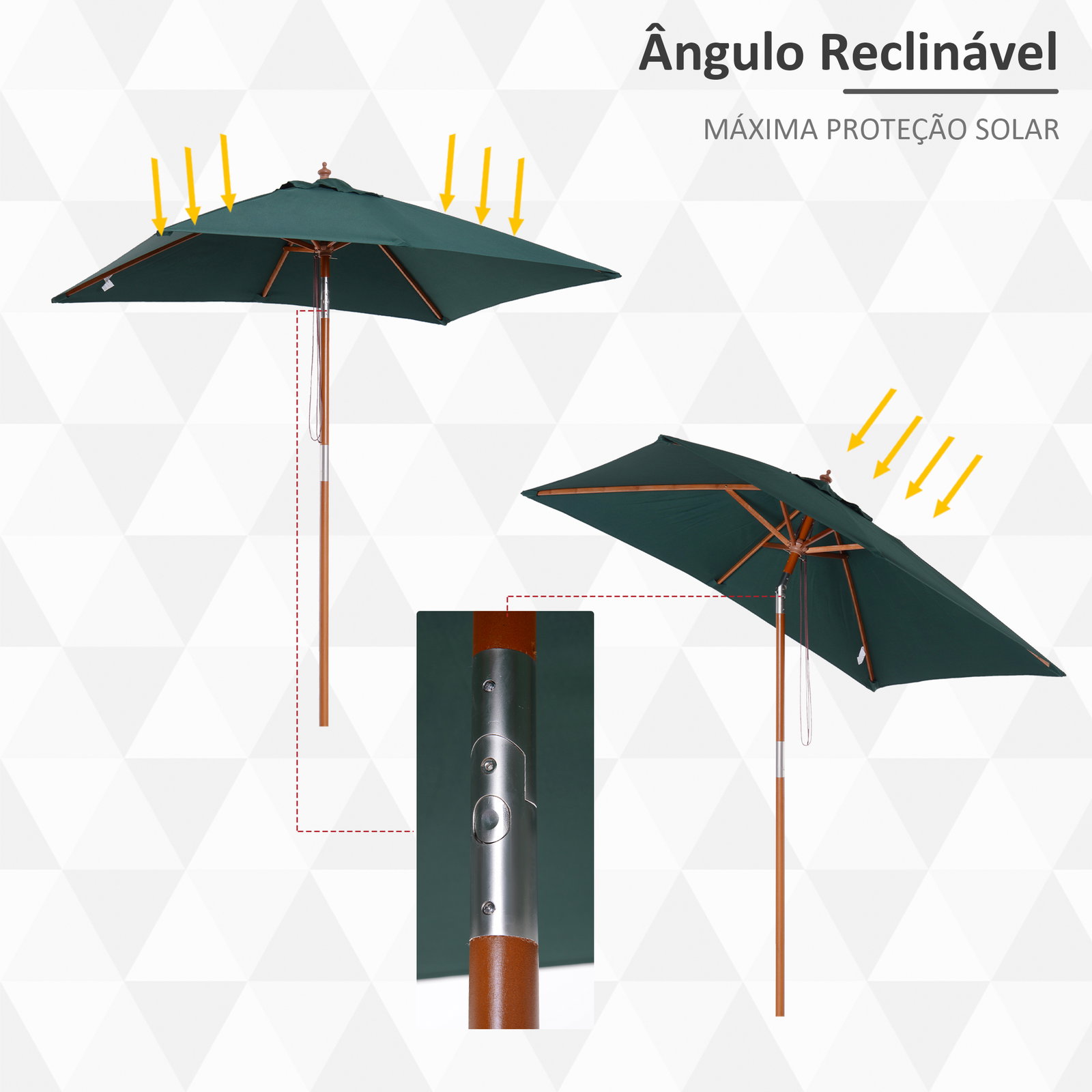 Chapéu de sol de jardim 200x150x230cm chapéu de sol retangular inclinável com polia duplo teto e mastro desmontável de madeira para terraço pátio verde