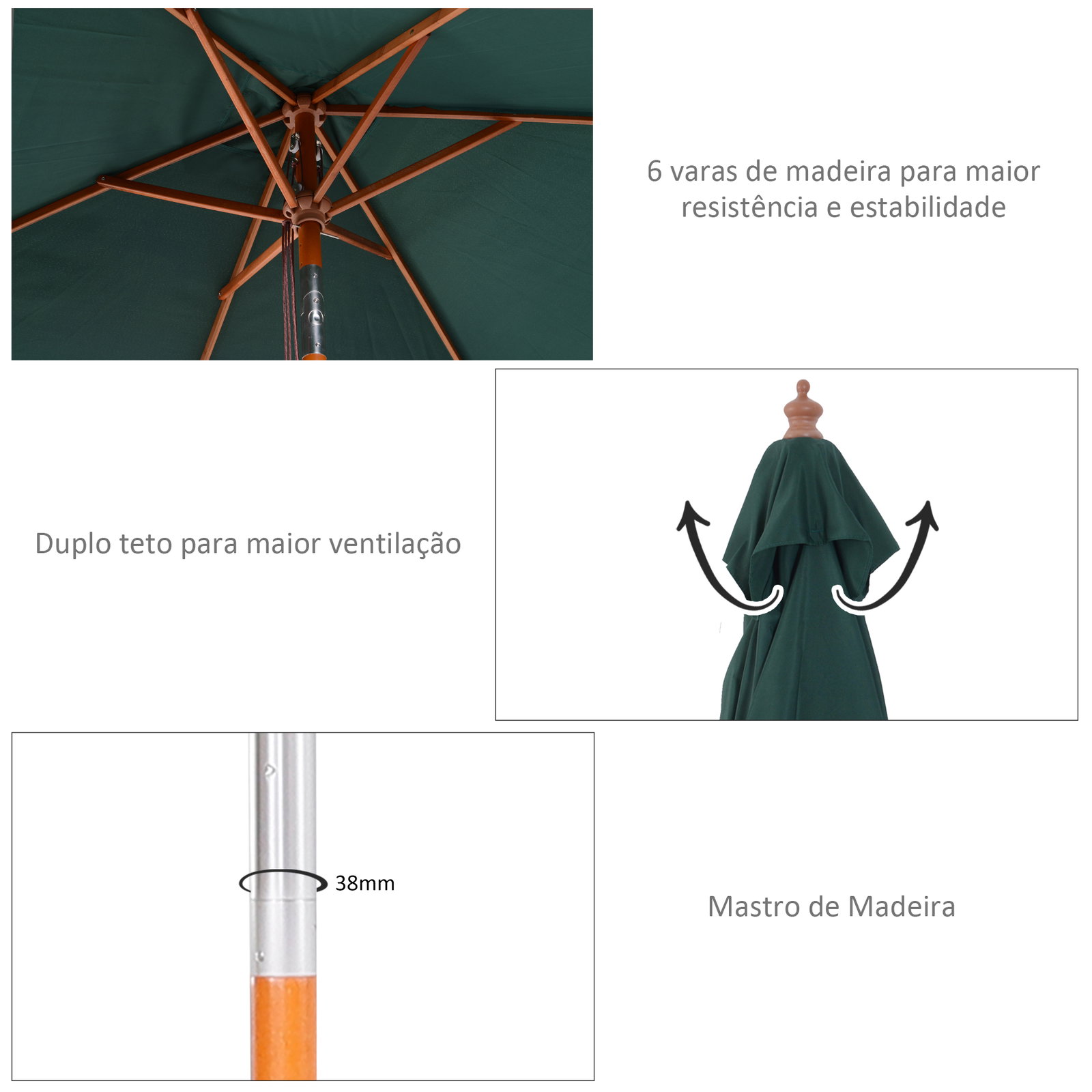 Chapéu de sol de jardim 200x150x230cm chapéu de sol retangular inclinável com polia duplo teto e mastro desmontável de madeira para terraço pátio verde