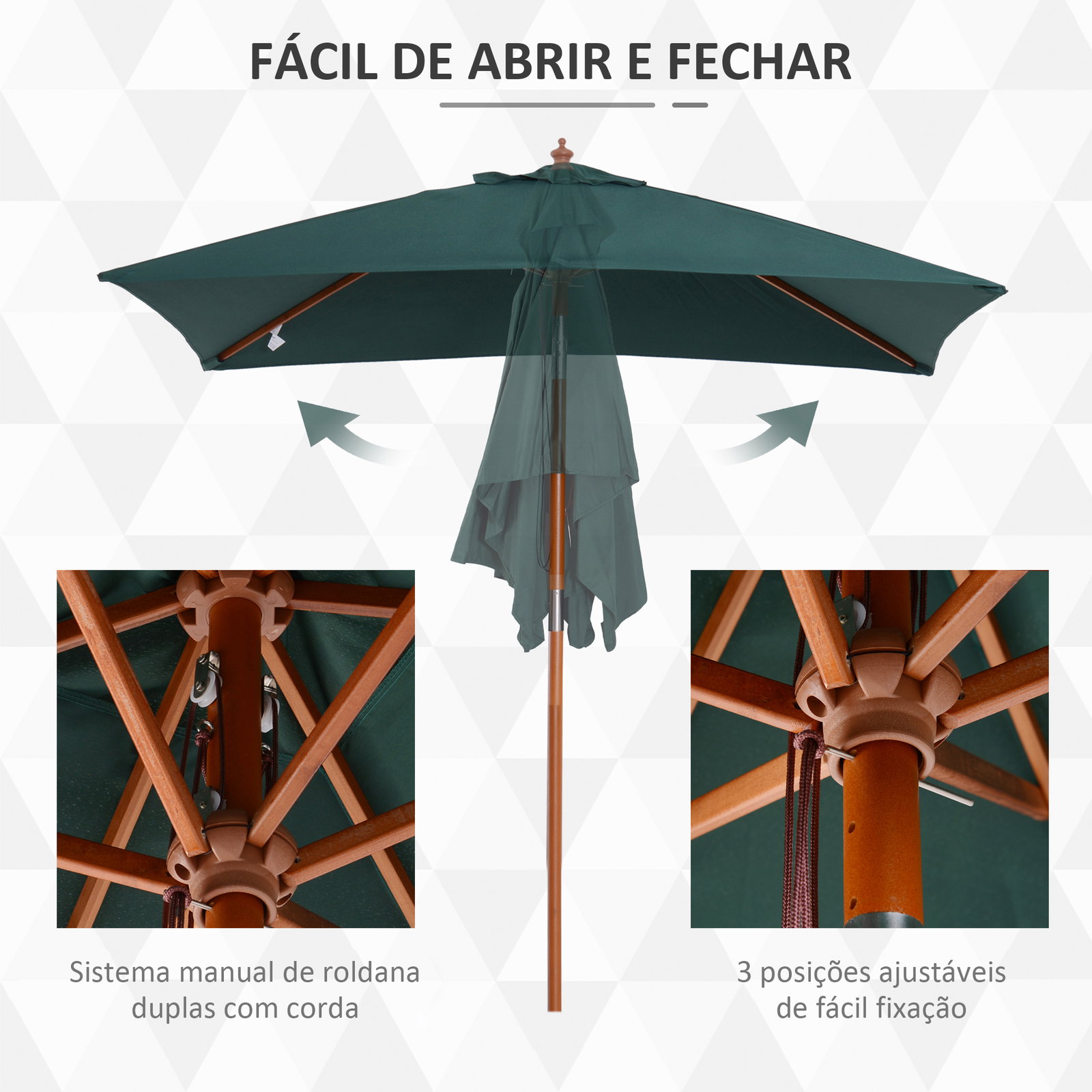 Chapéu de sol de jardim 200x150x230cm chapéu de sol retangular inclinável com polia duplo teto e mastro desmontável de madeira para terraço pátio verde