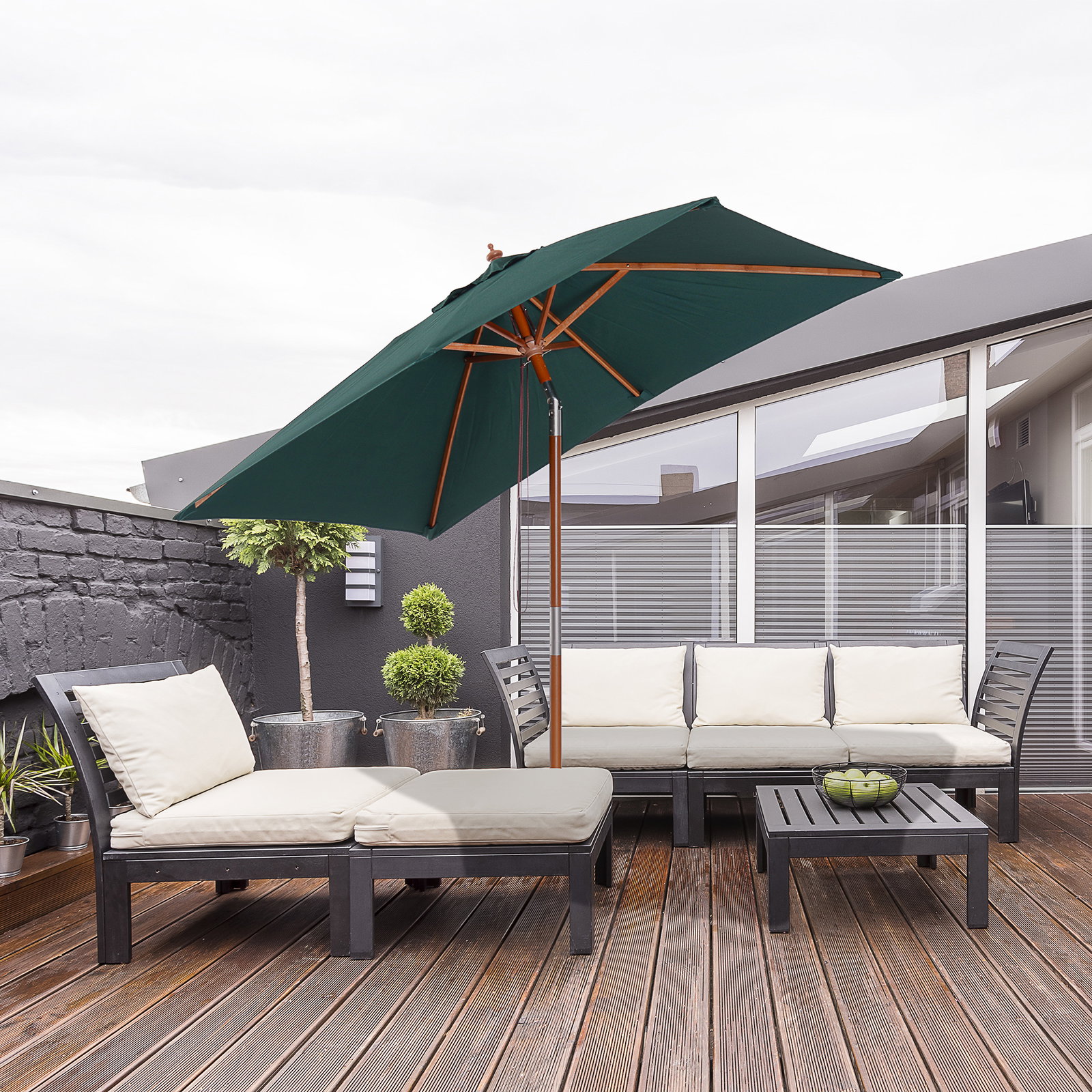 Chapéu de sol de jardim 200x150x230cm chapéu de sol retangular inclinável com polia duplo teto e mastro desmontável de madeira para terraço pátio verde